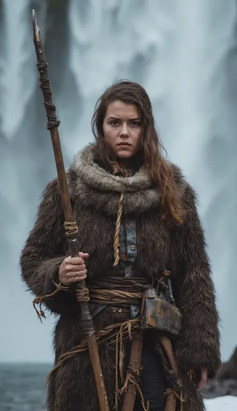 Candid portrait, creates the image of a Nordic warrior woman roughly dressed in furs and ropes at the waterfall with a spear in her left hand