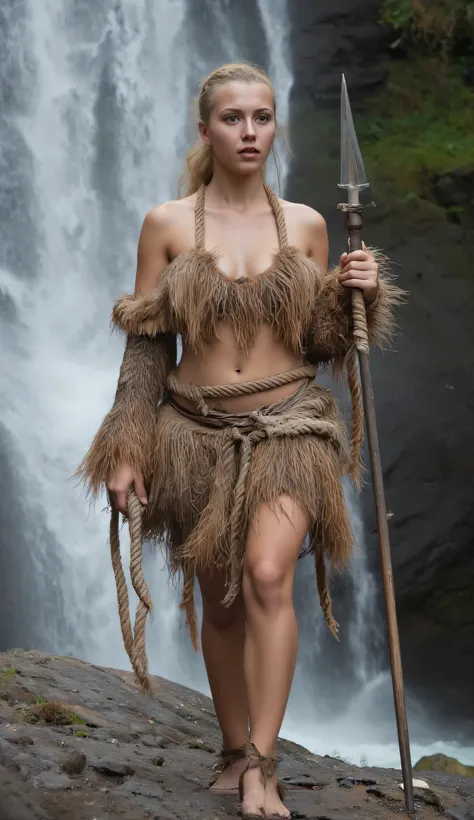 Spontaneous portrait, descriptive shot, creates the image of a Nordic warrior woman roughly dressed in furs and ropes at the waterfall with a spear in her left hand, well-defined fingers and hands, and well-defined feet.