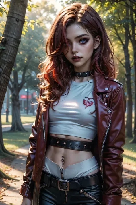 lora_Emma, jinx, perfecteyes eyes, young woman, cute girl, (long tight white top), (waist belt), (red leather jacket), makeup, portrait, photorealistic, detailed facial features, natural expression, leaning against tree, park environment, sunlight, warm to...