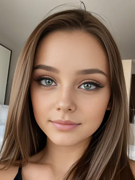Photo d'une femme brune de 20 ans, qui a un visage très naturel, lèvres fines, yeux fins, sourcils fins, nez fin,corps entier, de longs cils. Elle fait un selfie mignon au Québec