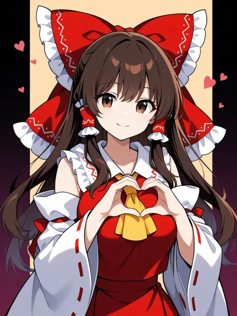 hakurei reimu, 1girl, , brown eyes, brown hair, long hair, sidelocks, large breasts,
hair bow, hair tubes, hair bow, hair tubes, frilled bow, yellow ascot, red shirt, ribbon-trimmed detached wide sleeves, red skirt,1girl, solo, heart, hood, heart_hands, lo...
