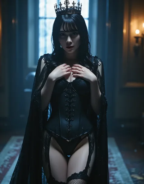 (((On the top floor of the Dark Castle:2.0))),((Night sky with constellations:2.0)),(((Dark horror atmosphere with a gothic feel:2.0))),(((rub your chest with both hands:2.0))),standing,((GROUND VIEW:2.0)),looks up at the night sky,One female ghost,((super...