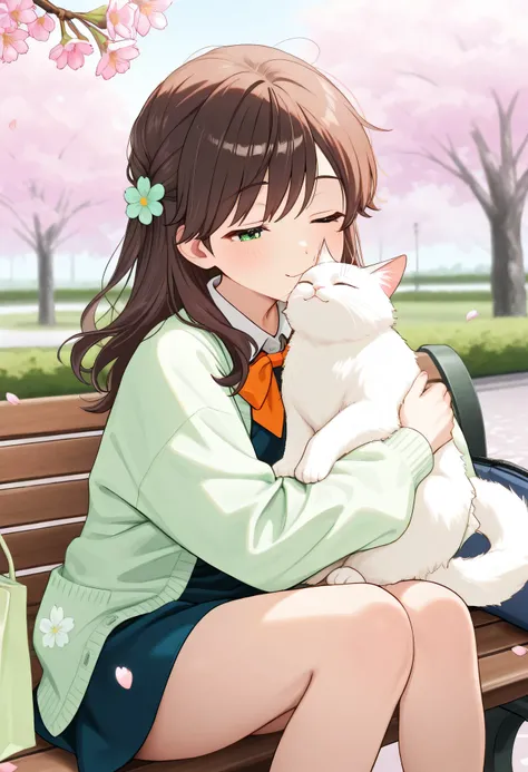 Best Quality、high resolution、high image quality、masterpiece、detailed background、Soft brown hair 、In the warm spring sun、Sleepy girl holding a cat on a park bench、A fluffy white cat curled up with her soba, take a comfortable nap together、cherry blossom pet...