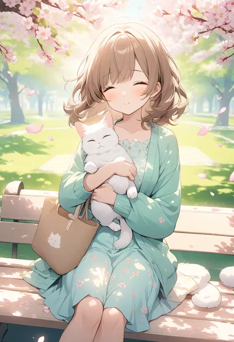 Best Quality、high resolution、high image quality、masterpiece、detailed background、Soft brown hair 、In the warm spring sun、Sleepy girl holding a cat on a park bench、A fluffy white cat curled up with her soba, take a comfortable nap together、cherry blossom pet...