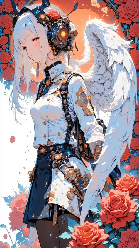 天使の羽、バラが舞う、A masterpiece illustration in 8K resolution of a high school girl turned angelic figure, her large, luminous angelic wings spread wide, captured in a dynamic upper-body side angle with a dynamic pose in the late afternoon light. She wears a blaz...