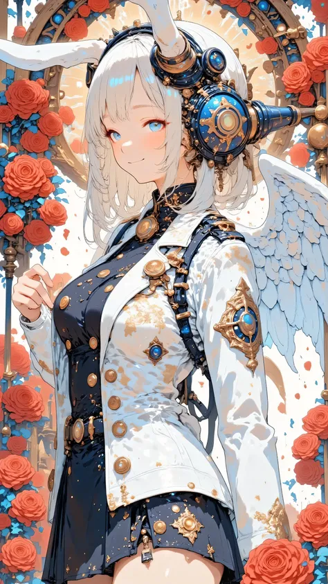 天使の羽、バラが舞う、A masterpiece illustration in 8K resolution of a high school girl turned angelic figure, her large, luminous angelic wings spread wide, captured in a dynamic upper-body side angle with a dynamic pose in the late afternoon light. She wears a blaz...