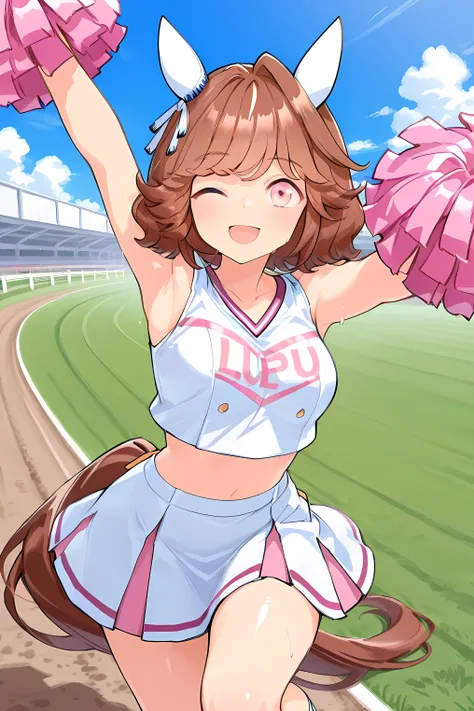 haiseiko \(umamusume\),(((masterpiece))),(((detailed)))((best quality)),((hyper detailed)),(beautiful),((shinythighs)),(((shiny skin))),(high quality skin),((8k)),((high resolution)),pink and white color cheerleader, holding large pom-poms in both hands, d...