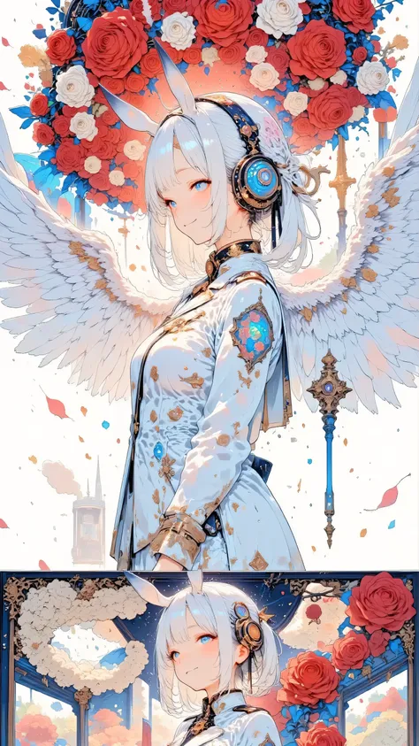 天使の羽、バラが舞う、A masterpiece illustration in 8K resolution of a high school girl turned angelic figure, her large, luminous angelic wings spread wide, captured in a dynamic upper-body side angle with a dynamic pose in the late afternoon light. She wears a blaz...