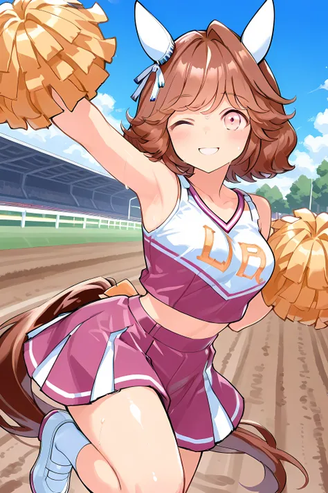 haiseiko \(umamusume\),(((masterpiece))),(((detailed)))((best quality)),((hyper detailed)),(beautiful),((shinythighs)),(((shiny skin))),(high quality skin),((8k)),((high resolution)),pink and white color cheerleader, holding large pom-poms in both hands, d...