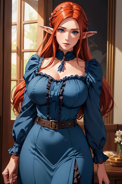Handsome farmer with braids . (( Redheaded Woman, mature adult woman , mature MILF's face , long hair skirt , pointy ears , elf ear)), Perfectly round face . cute and charming face , big ...