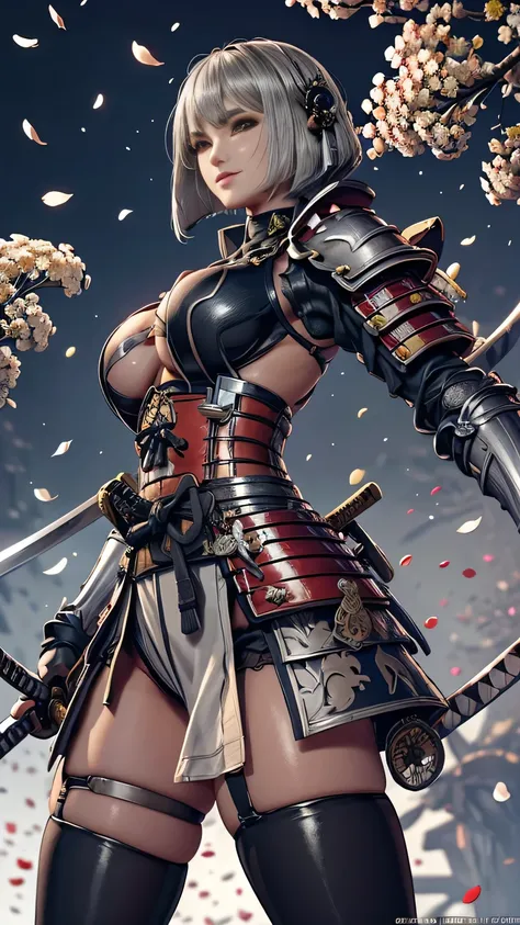 young woman,1 person,Oiran,(wielding a katana with great force:1.6), very detailedな, realist,(seductive smile),(from front:1.8),( battle pose:1.8), Brilliant Appearance ,extremely detailed, Imaginative,sensual ,Best Quality,  skin texture,(bob cut:1.8),(bl...