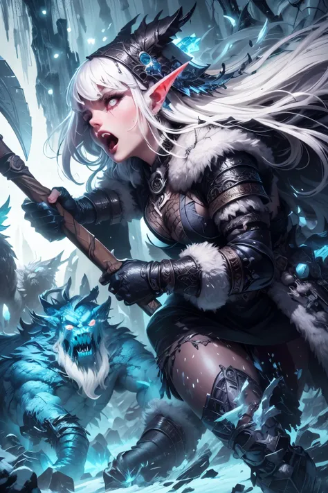 Ultra-detailed face, gothic fantasy illustration, ukiyoe style. Depicts a woman looking down from an oblique perspective. A female dark elf barbarian is fighting ice giants and white dragons in a Nordic ice forest. She roars and runs and jumps, slashing at...