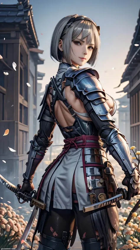 若い女性,1人,花魁,(wielding a katana with great force:1.6), 非常に詳細な, realist,(seductive smile),(from behind, cowboy shot, looking back:1.8),(),(戦闘ポーズ:1.6),鮮やかな外観,極めて詳細な, 想像力豊か,官能的な ,最高品質, 肌の質感,(bob cut:1.8),(black hair:1.8),muscular,(huge breasts:1.3),(underboob),...