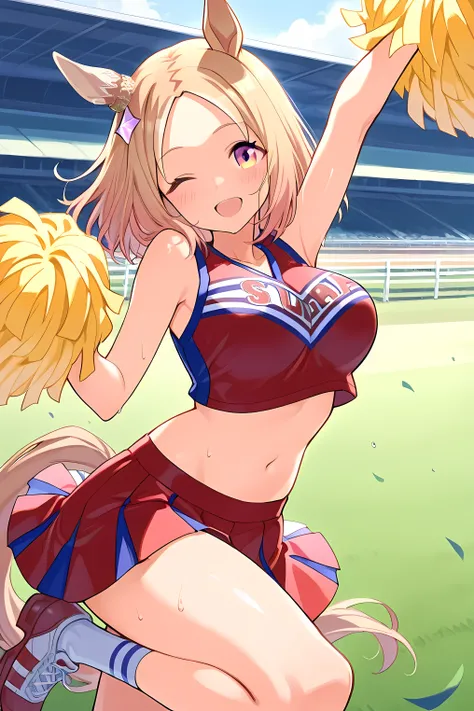 narita top road \(umamusume\),(((masterpiece))),(((detailed)))((best quality)),((hyper detailed)),(beautiful),((shinythighs)),(((shiny skin))),(high quality skin),((8k)),((high resolution)), purple and black color cheerleader, holding large yellow color p...
