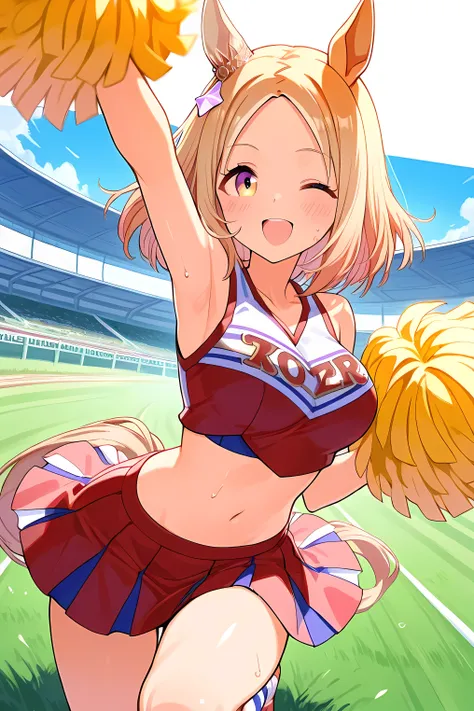 narita top road \(umamusume\),(((masterpiece))),(((detailed)))((best quality)),((hyper detailed)),(beautiful),((shinythighs)),(((shiny skin))),(high quality skin),((8k)),((high resolution)), purple and black color cheerleader, holding large yellow color p...