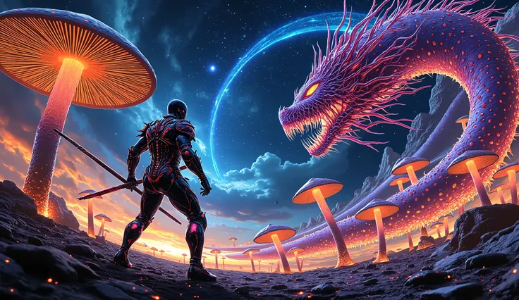 scifi, digital painting, action paint, Korea, taoismo, Sacred Beasts, modern Knight in powered armor, fight, mythical beasts, forest of giant irisdecent mushrooms, Night, space background, palette Neon colors: digital airbrush, precisely detailed resource...