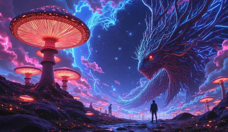 scifi, digital painting, action paint, Korea, taoismo, Sacred Beasts, modern Knight in powered armor, fight, mythical beasts, forest of giant irisdecent mushrooms, Night, space background, palette Neon colors: digital airbrush, precisely detailed resource...
