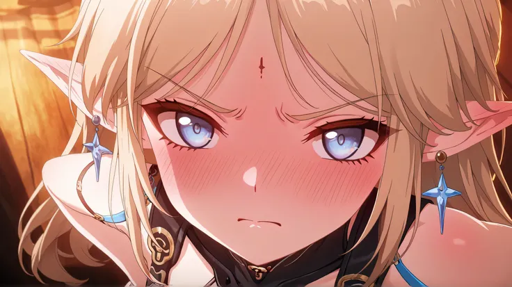 1girl, looking at viewer, blue eyes, cartethyia, wuthering waves, wavy blonde hair, petite, star earrings, long ears, hand at hips, angry at viewer, cute face, blushing, anime screencap, good quality, top quality, 