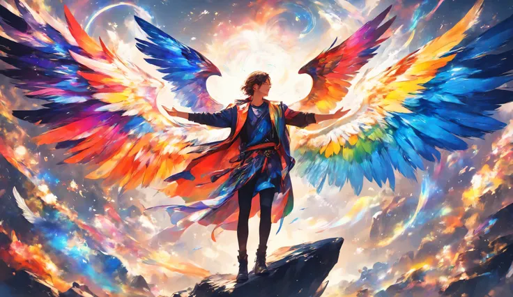 a painting of a person standing on a rock with wings, triumphant pose , Rainbow, filled with angel paintings , very colorful celestial, beautiful open wings , spreading its wings, Iridescent Wings, colorful fantasy digital art, detailed painting 4K, beau...
