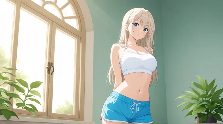 Masterpiece, Best Quality, Top Quality, Very Detailed, 1 girl, A beautiful anime-style girl with long, platinum blonde hair and striking blue eyes, posing in a soft and cozy indoor setting. She wears a tight white crop top and blue shorts, with sunlight st...