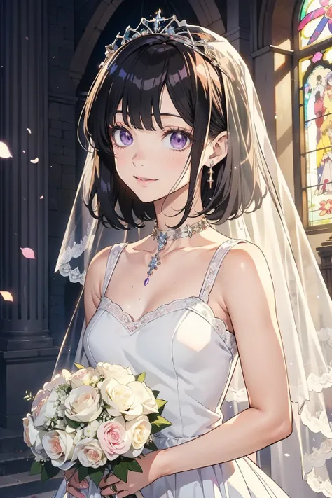 (masterpiece),(Best Quality),(very detailed),(Awareness-raising),(Ultra High Definition), black hair with a young pattern, anime adult woman in white wedding dress, anime style, 2D rendering of an anime adult woman, Realistic young anime adult woman, s...