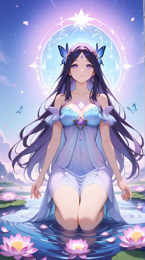 Masterpiece, Best Quality, Top Quality, Very Detailed, 1 girl, A mesmerizing anime-style woman with deep blue-violet eyes and long, dark hair with purple highlights, gently floating in a magical pond filled with blooming lotus flowers. She wears a delicate...