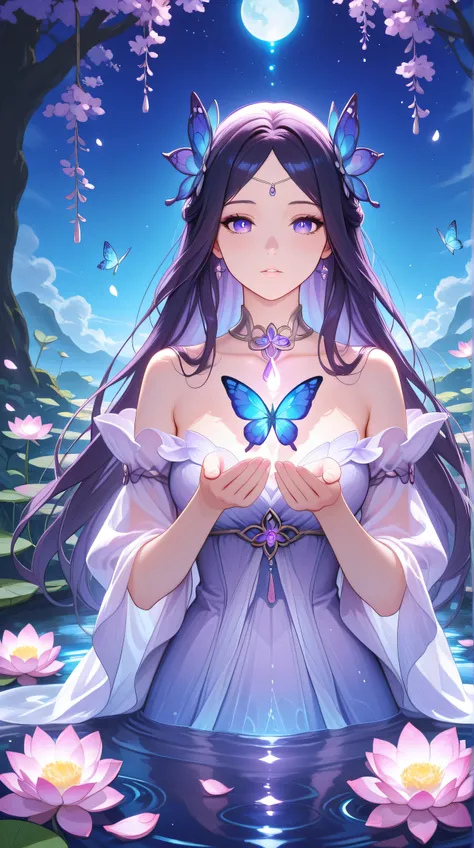 Masterpiece, Best Quality, Top Quality, Very Detailed, 1 girl, A mesmerizing anime-style woman with deep blue-violet eyes and long, dark hair with purple highlights, gently floating in a magical pond filled with blooming lotus flowers. She wears a delicate...