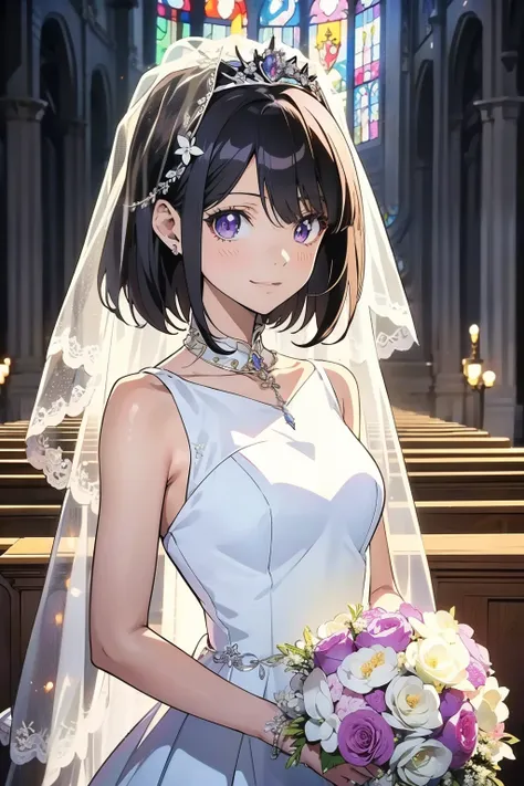 （masterpiece），（Best Quality），（very detailed），（Awareness-raising），（Ultra High Definition）, black hair with a young pattern,  anime adult woman in white wedding dress,  anime style, 2D rendering of an anime adult woman, Realistic young anime adult woman,   s...