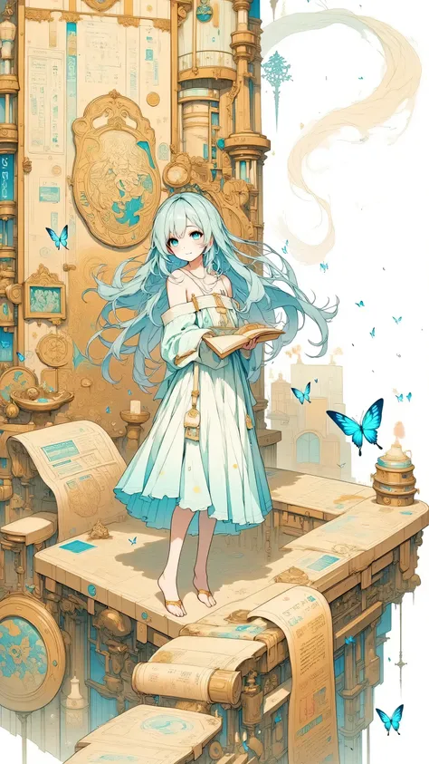 (masterpiece), ultra-detailed, 16k, endless desert, giant half-buried library made of sandstone, ancient glyphs glowing faintly, storm of golden dust, wind-blown cloak, mysterious girl reading ancient scroll, floating letters, leather satchel, swirling but...