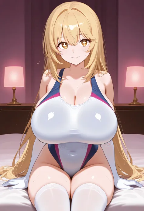 １girl, solo, looking at_in_viewer, white_gloves, elbow_gloves, white_thigh high socks,competitive swimsuit, competition swimsuit, smile, +_+,  popup, too big chewy , hyper breasts, brown with swe_eye,  very_length_hair,  closed _mouth, hair_between_eye, be...