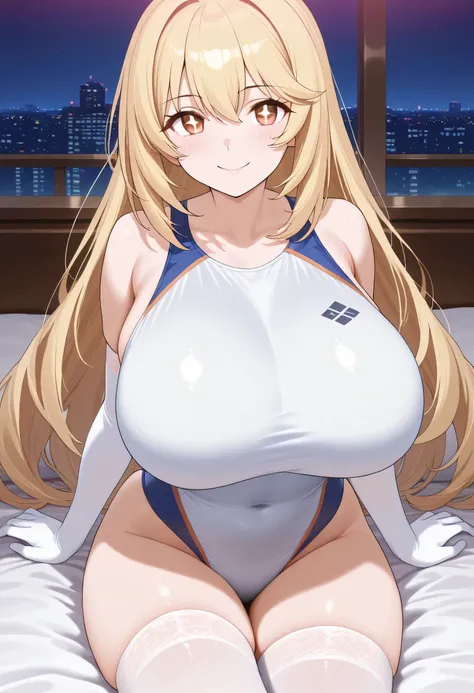 １girl, solo, looking at_in_viewer, white_gloves, elbow_gloves, white_thigh high socks,competitive swimsuit, competition swimsuit, smile, +_+,  popup, too big chewy , hyper breasts, brown with swe_eye,  very_length_hair,  closed _mouth, hair_between_eye, be...