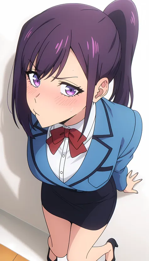 anime screencap, masterpiece, best quality,
1girl, solo, disgusted,
purple hair, purple eyes, high ponytail,
JinahSchool, blazer, blue jacket, buttons, red bowtie, collared shirt, white shirt, pencil skirt, black skirt, looking at the viewer, wide thighs, ...