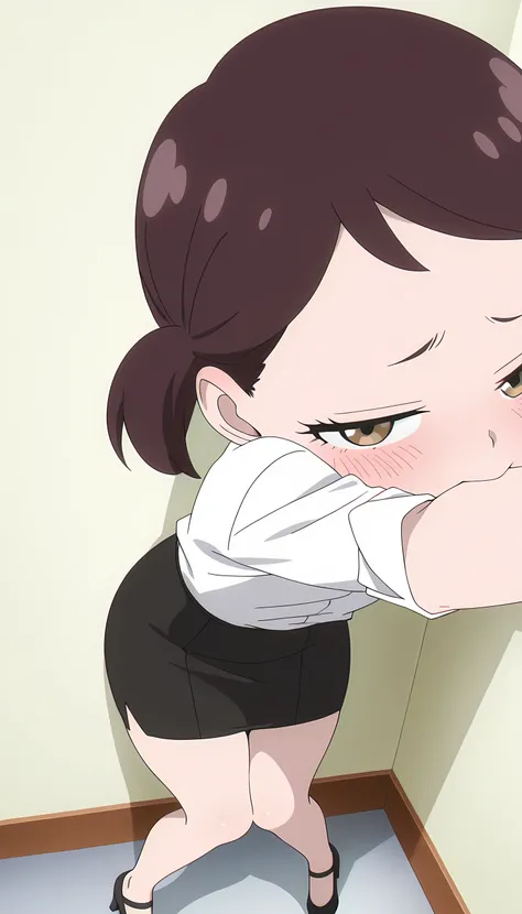 newest, anime coloring, anime screencap, Becky Blackbell, solo, disgusted, white shirt, pencil skirt, black skirt, looking at the viewer, wide thighs, thin waist, knees together feet apart,
simple background, against the wall, (POV), white background, heel...
