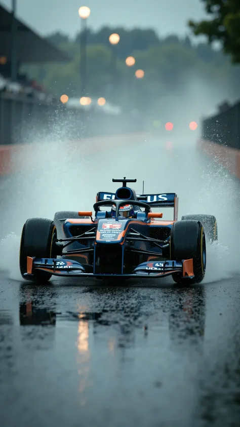 An ultra-detailed, realistic scene of a Formula 1 car racing through heavy rain on a wet track like Spa-Francorchamps, captured with a Fujifilm GFX 100S for its medium-format resolution and rich textures. The car, in a deep blue and orange design, cuts thr...