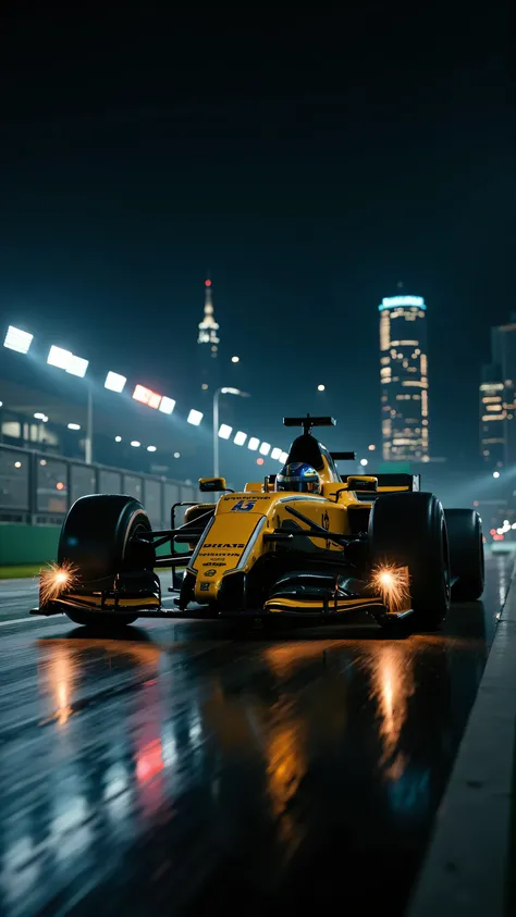 A stunningly realistic portrayal of a Formula 1 night race under the floodlights of Singapore, photographed with a Sony Alpha 1 for its incredible low-light performance and detail. A sleek F1 car with a bold yellow and black design races down the straight,...
