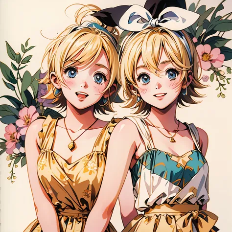 Kagamine rin,high resolution, blushes, smiles, open your mouth, Best Quality, floral background