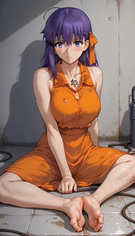 Sakura Matou, fate stay night: heaven's feel, a girl with.  white skin, voluptuous body, beautiful body, purple hair (long, loose, and messy hair), purple eyes, (((wearing a     short, sleeveless, maximum security inmate orange dress with the ID number: in...
