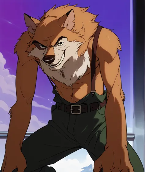 Kaltag pny, alaskan malamute, solo, detailed, detailed face, detailed eyes, anthro body, male, adult, very muscular:1.1, cartoon shading, cel shaded:1.0, flat colors, shirtless, wfa style, negger style, cartoony anatomy, above waist, looking at viewer, arm...