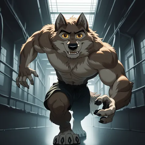 baltotwd, wolfdog, balto, brown eyes, yellow sclera, solo, detailed, detailed face, black eyes, anthro body, male, adult, muscular, cartoon shading, cel shaded:1.0, flat colors, (no background, white background):1.5, shirtless, wfa style, negger style, car...