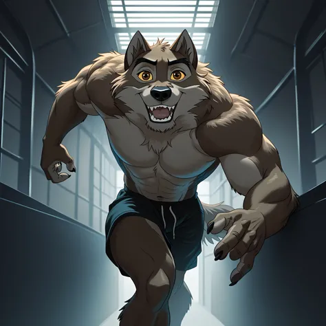 baltotwd, wolfdog, balto, brown eyes, yellow sclera, solo, detailed, detailed face, black eyes, anthro body, male, adult, muscular, cartoon shading, cel shaded:1.0, flat colors, (no background, white background):1.5, shirtless, wfa style, negger style, car...