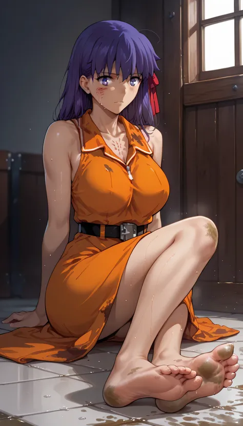 Sakura Matou, fate stay night: heaven's feel, a girl with   white skin, big breasts, beautiful body, purple hair (long, loose, and messy hair), purple eyes, (((wearing a  short,    sleeveless, maximum security inmate orange dress with  the ID number: inmat...