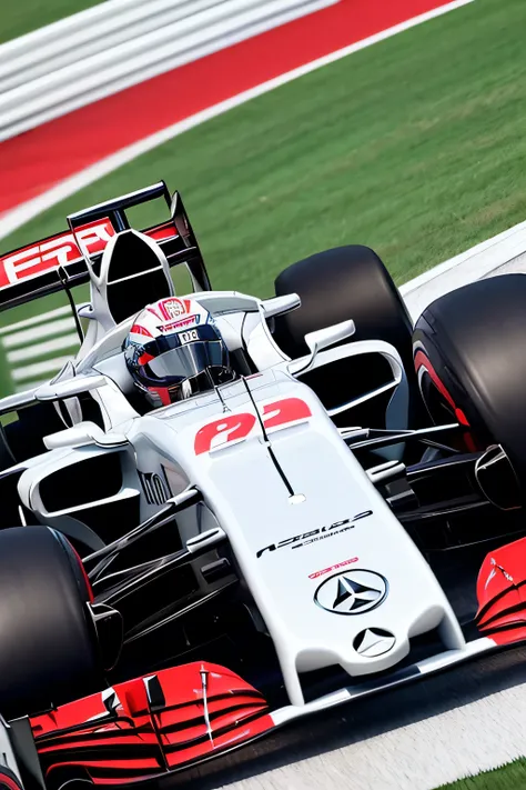 F1 single seater, Formula 1 Car, white mercedes ,photorealistic,Best Quality,masterpiece,racing suit,,F1,white helmet, 、hyperrealism、has amazing highlights、race queen、
