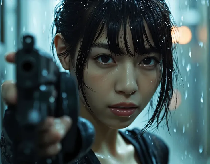 (((On a rainy night with a downpour:2.0))),(((HR Gigger-like cyberpunk vibe:2.0))),(((hold up 2 cyberpunk-style submachine guns:2.0))),(( pointing a muzzle at the viewer :2.0)),standing,((full body:2.0)),one woman,(cute face:2.0),(Beautiful well-balanced f...