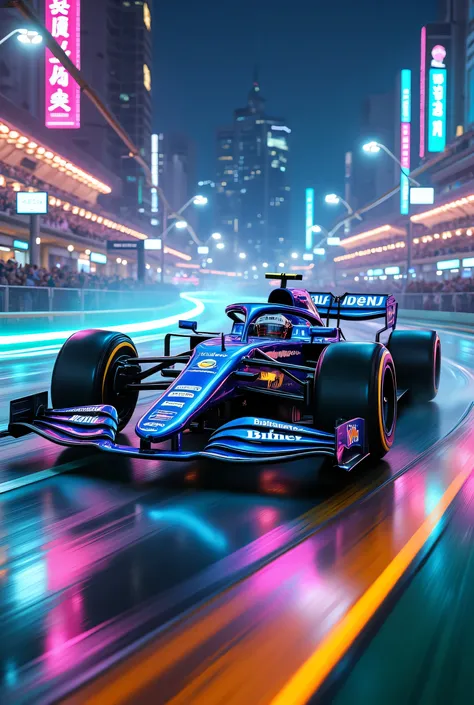 "Futuristic-style (high-octane night race:1.4), depicting an electrifying Formula 1 race under the dazzling lights of a nocturnal circuit. An F1 car is taking a corner.
The F1 car is a sleek blue chrome masterpiece, adorned with intricate sponsor logos and...