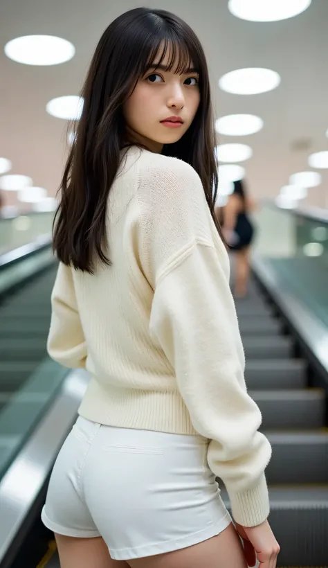 best image quality、Triumph job 、nsfw、 beautiful Japanese woman 1 、long black hair、knitted sweater with E cup、white miniskirt、 cute short skirt、small breasts、B Cup、symbol body、white skin、My skirt was flipping、shorts、I'm going up the escalator、 low angle、B...