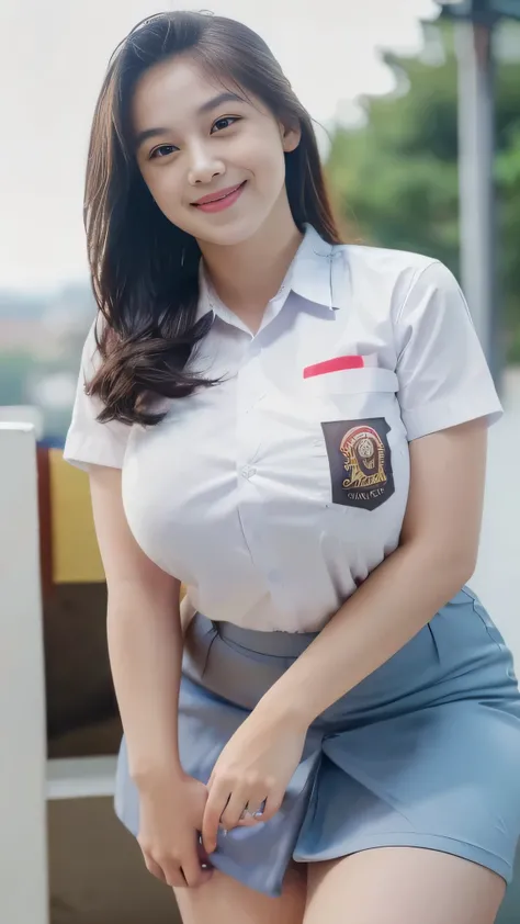 1girl, solo, 19 years old, (uniform), detailed Metropolitan city at the background, portrait, thick breasts, semi-curvy body, smooth realistic skin, cute smile, white shirt, grey blue short skirt, looking at the audience, cowboy shot,(8k, RAW photo, best q...