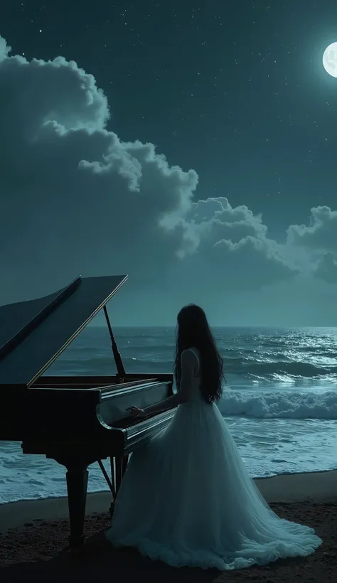 An hyper-realistic dark fantasy night scene viewed from the shoreline, depicting a vast, stormy sea with rolling waves under a deep, infinite sky. The darkness is profound, but faint silver stars pierce through the shadows, scattered in different intensiti...