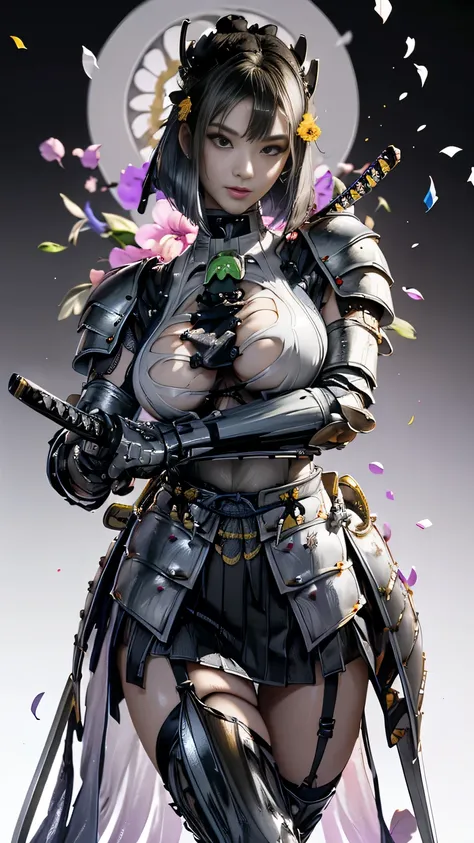 young woman,1 person,Oiran,(wielding a katana with great force:1.6), very detailedな, realist,(seductive smile),(),(lying:1.6),(battle pose), Brilliant Appearance ,extremely detailed, Imaginative,sensual ,Best Quality, skin texture,(bob cut:1.8),(black hai...