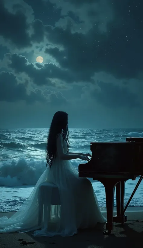 An hyper-realistic dark fantasy night scene viewed from the shoreline, depicting a vast, stormy sea with rolling waves under a deep, infinite sky. The darkness is profound, but faint silver stars pierce through the shadows, scattered in different intensiti...