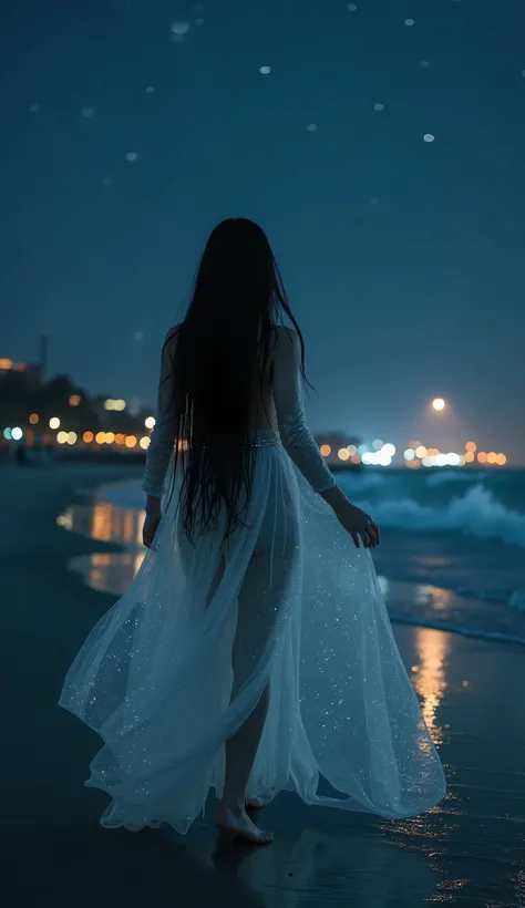 Night scene on a beach with a dark fantasy atmosphere, featuring a beautiful woman with long black hair, wearing a long, white, transparent, or silver dress that shimmers slightly in the dim light. The woman is gracefully moving through the scene, her figu...